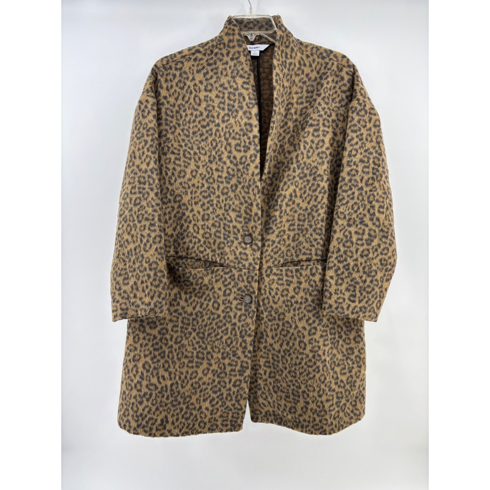 Old Navy Leopard Print Coatigan Women XL Brown Wool Blend Longline Coat